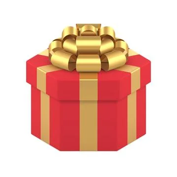 Romantic polygonal red wrapped gift box with golden metallic bow ribbon reali Stock Illustration