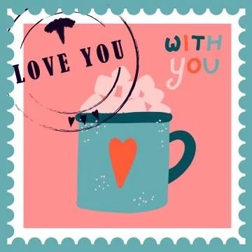 Romantic postage stamps. envelopes and cards for valentine's day. Top-down vi Ilustração Stock