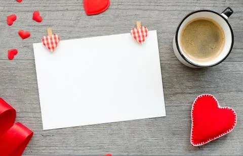 Romantic postcard with space for text. Flat lay arrangement with felt hearts Stock Photos