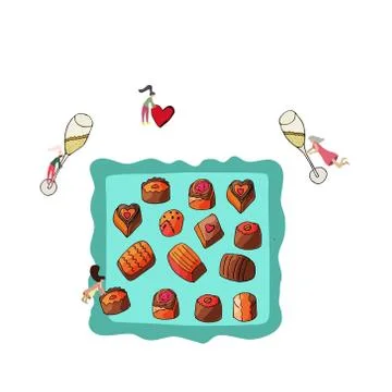 Romantic preparation by tiny people with champagne and chocolates. Stock Illustration