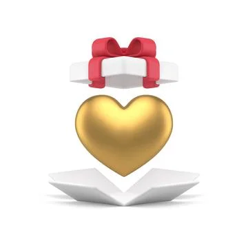 Romantic present package open gift box with huge golden heart 3d icon realist Illustrazione stock