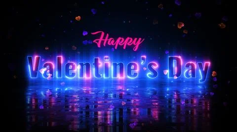 Romantic Red And Blue Light Happy Valentine's Day Lettering Neon Sign Reflection Stock Illustration