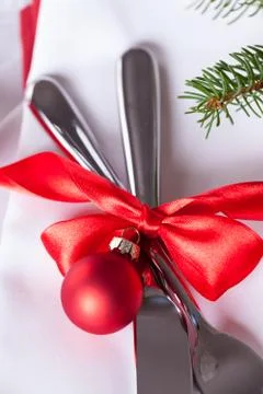 Romantic red Christmas table setting Stock Photos