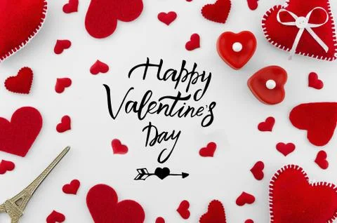 Romantic red flat lay composition on white background. Heart top view. Happy Stock Photos