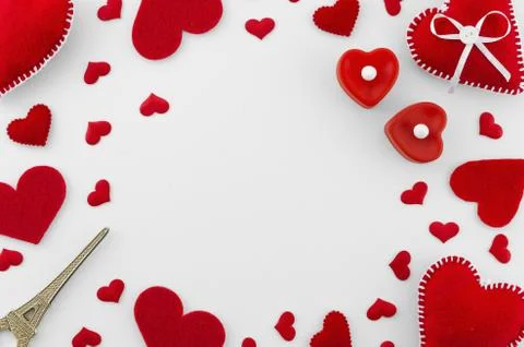 Romantic red flat lay composition on white background. Heart top view. Mockup Stock Photos