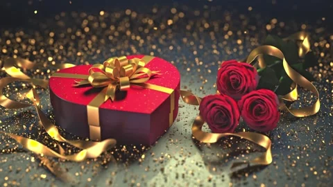 Romantic red heart gift box with a golden ribbon, glitter, and roses on a d.. Stock Footage 295032015