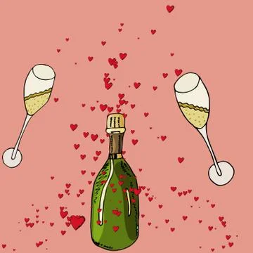 Romantic red hearts with two glasses illustration. Stock Illustration