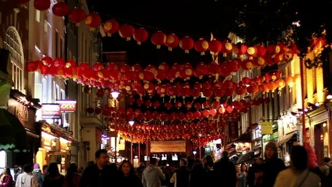 Romantic red lanterns blowing in the wind in Chinatown, London Stock Footage 85305627