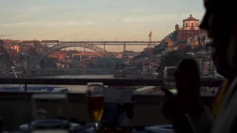 Romantic Restaurant With a Dreamlike View Of Porto at Beautiful Sunset Stock Footage