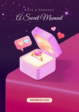 Romantic Ring in Gift Box with Hearts and Love Message Illustration Stock Illustration