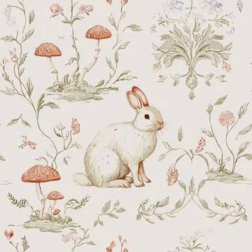Romantic Rococo Easter Bunny Seamless Pattern with Amanita Mushrooms and Vintage Stock Illustration