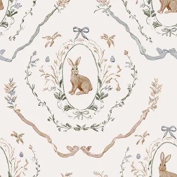 Romantic Rococo Easter Bunny Seamless Pattern 2 with Floral Wreath Frames and.. Stock Illustration