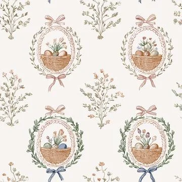 Romantic Rococo Easter Eggs Basket Seamless Pattern with Floral Wreath Frames Illustrazione stock