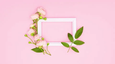 Romantic roses and white frame with empty space for text. Stop motion Stock Footage 137868239
