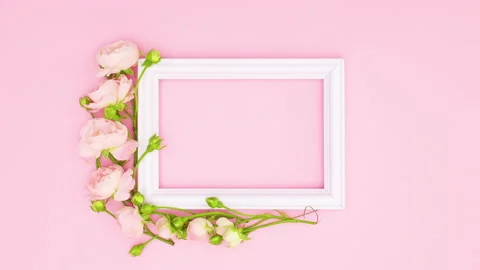 Romantic roses appear around white frame for text on pink theme. Stop motion Stock Footage 137866103