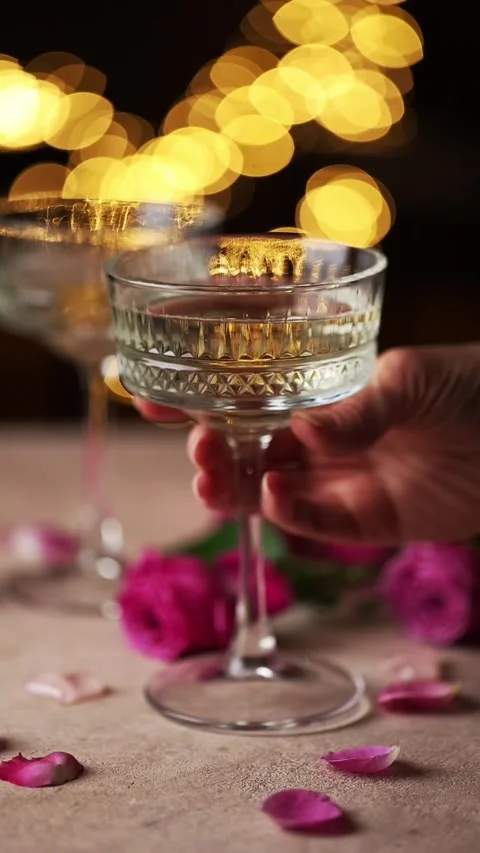 Romantic Scene with Hand Lifting Glass and Rose Petals Video stock 344544762