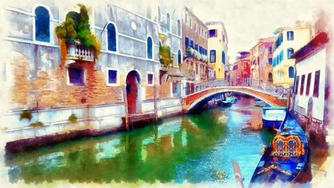 Romantic scenery of Venice, Italy. Computer painting. Ilustração Stock