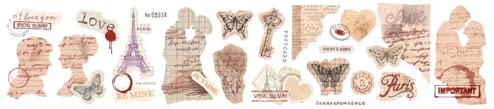 Romantic scrapbook collage design elements set, vintage torn paper Stock Illustration