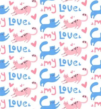 Romantic seamless with cats pattern. Vector print with animals for textiles, t Stock Illustration