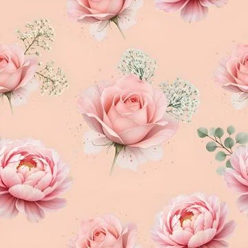 Romantic Seamless Floral Pattern with Roses and Peonies in Pastel Pink Stock Illustration