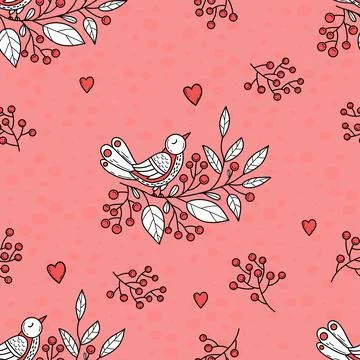 Romantic seamless pattern with bird on branch with Christmas berries on pin.. Stock Illustration