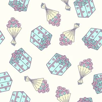 Romantic seamless pattern with bouquet of roses and presents Stock Illustration