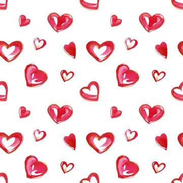 Romantic seamless pattern with bright pink and gold traced watercolor hearts Stock Illustration