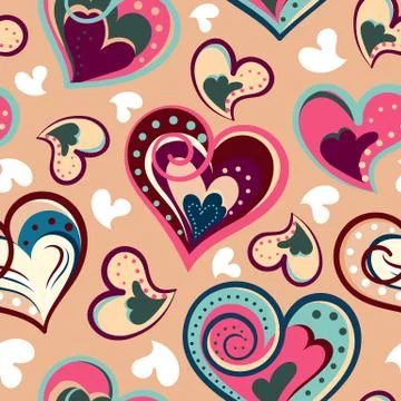 Romantic seamless pattern with colorful hand draw hearts.  Colorful hearts on Ilustração Stock