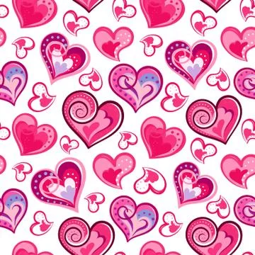 Romantic seamless pattern with colorful hand draw hearts.  Pink hearts on white Stock Illustration
