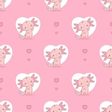 Romantic Seamless pattern with cute Axolotl on pink background with heart 스톡 일러스트