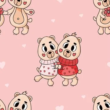 Romantic seamless pattern with cute enamored teddy bears on pink background.. 库存插图