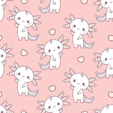 Romantic Seamless pattern cute little Axolotl with heart on pink background.. 스톡 일러스트
