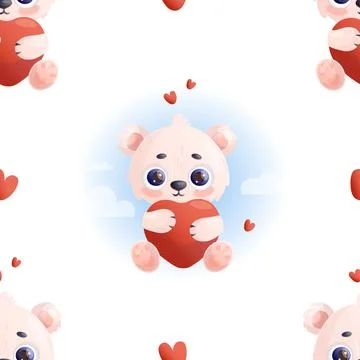 Romantic Seamless pattern. Cute polar bear with hearts on white background... Stock Illustration