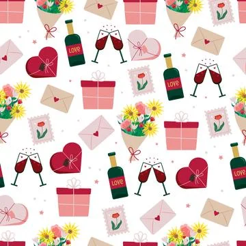 Romantic seamless pattern with envelopes flowers gifts Valentine s Day. Vector Stock Illustration
