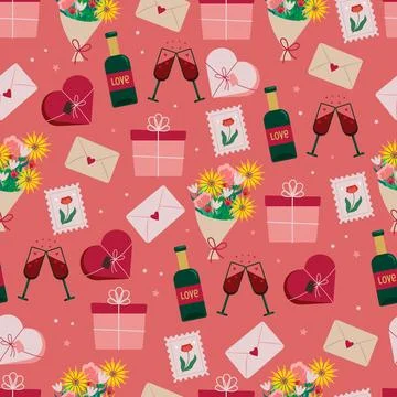 Romantic seamless pattern with envelopes flowers gifts Valentine s Day. Vector Stock Illustration