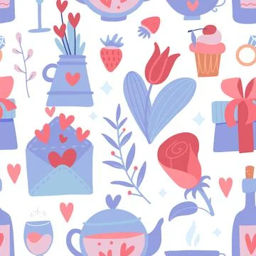 Romantic seamless pattern with flower and heart, teapot and bottle, strawberry Stock Illustration