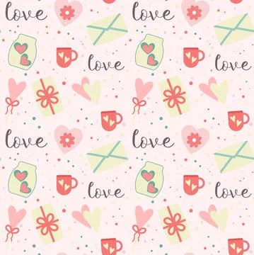 Romantic seamless pattern with hearts, blankets, cute things and dots Stock Illustration