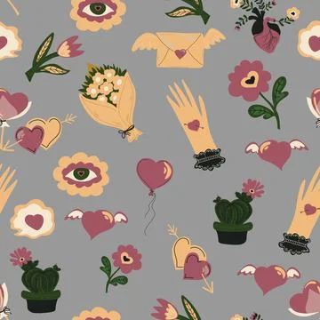 Romantic seamless pattern with hearts, flowers, cacti, balloons, and envelope 스톡 일러스트
