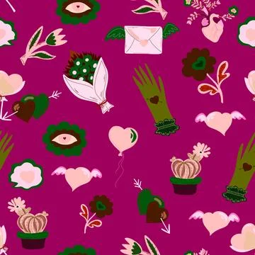 Romantic seamless pattern with hearts, flowers, cacti, balloons, and envelope Stock Illustration
