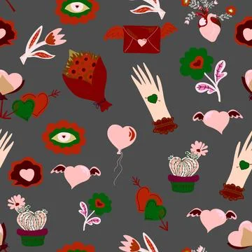 Romantic seamless pattern with hearts, flowers, cacti, balloons, and envelope 스톡 일러스트