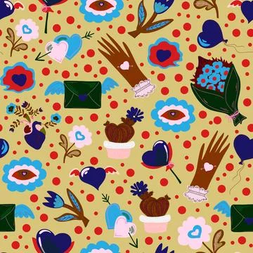 Romantic seamless pattern with hearts, flowers, cacti, balloons, and envelope Stock Illustration