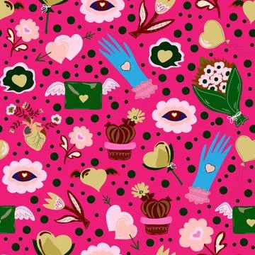 Romantic seamless pattern with hearts, flowers, cacti, balloons, and envelope 스톡 일러스트