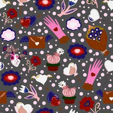 Romantic seamless pattern with hearts, flowers, cacti, balloons, and envelope Illustrazione stock