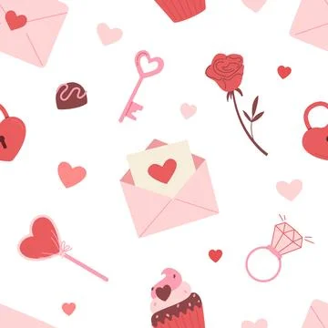 Romantic seamless pattern with letters, sweets, key and heart shapes on white Stock Illustration