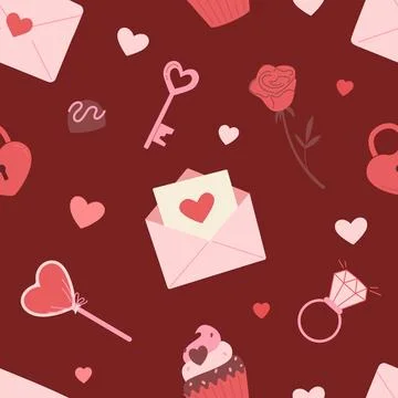 Romantic seamless pattern with letters, sweets, key and heart shapes. Valenti Stock Illustration