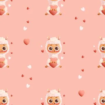 Romantic Seamless pattern. Llama cute alpaca with heart on pink background Stock Illustration