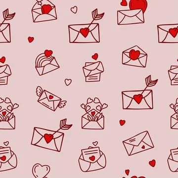 Romantic Seamless pattern with love envelopes, letters, hearts, wings, rainbows  Illustrazione stock