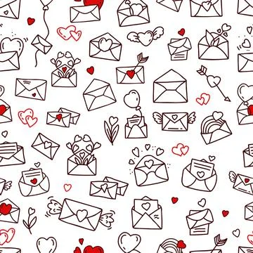 Romantic seamless pattern with love letters, envelopes with hearts and wings, ra Illustrazione stock