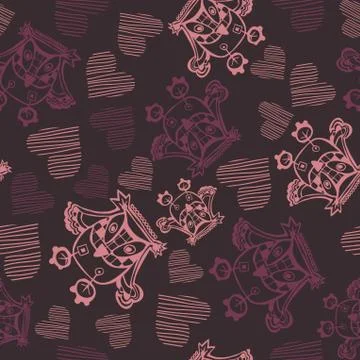 Romantic seamless pattern with owl and heart. valentine's day texture. Stock Illustration