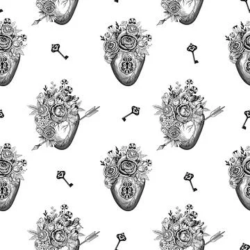 Romantic seamless pattern with pierced heart, flowers and retro keys. Hand drawn Stock Illustration